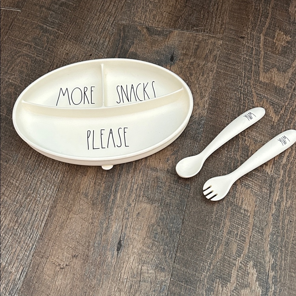 Rae Dunn‎ Baby More Snacks Please ~ Silicone Plate Fork Spoon Set toddler